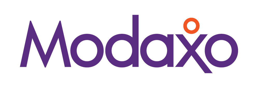 Purple "Modaxo" logo on black background, with an orange dot above the letter 'x.' Bold and modern design, conveying a tech-savvy and innovative feel