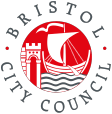 Bristol City Council logo showing a red circle with a boat, the sea and a castle in white