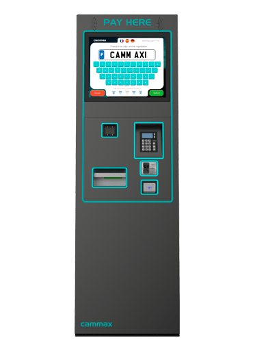 A black payment kiosk with a touchscreen displaying a virtual keyboard and "CAMM AXI." It features a card reader, keypad, and receipt slot.