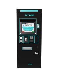 A black parking payment kiosk with a screen displaying "PAY HERE." It features a keypad, card slot, and cash compartment.
