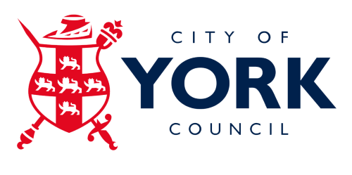 Red heraldic shield with five lions on the left; dark blue text "City of York Council" on the right. The background is black, conveying formality.