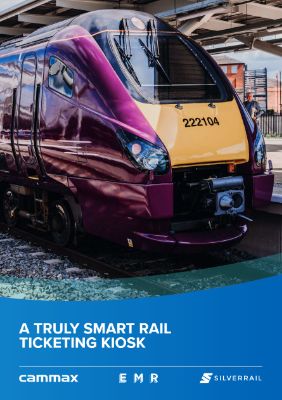 A sleek purple and yellow train at a station. "A Truly Smart Rail Ticketing Kiosk" text below. Logos of Cammax, EMR, and SilverRail are displayed.