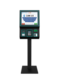 A sleek, black ATM-style kiosk on a stand. The screen displays a virtual keyboard with "CANN AXI" text. Buttons and card reader below the screen.
