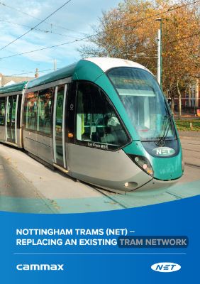 A modern green and silver tram on Nottingham streets, surrounded by autumn trees. Blue banner below reads: "Nottingham Trams (NET)–Replacing an Existing Tram Network."