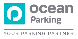 Logo with a turquoise square holding a white letter "P" beside the text "Ocean Parking" in gray. Below, the slogan "Your Parking Partner" in blue.