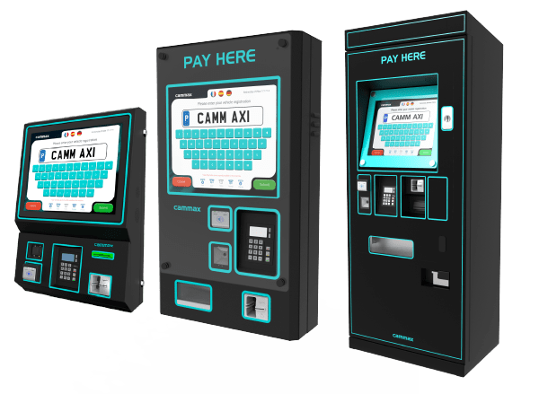 Three black parking payment kiosks stand in a row. Each has a screen, keypad, and card slot, with "Pay Here" displayed at the top. Modern and sleek design.